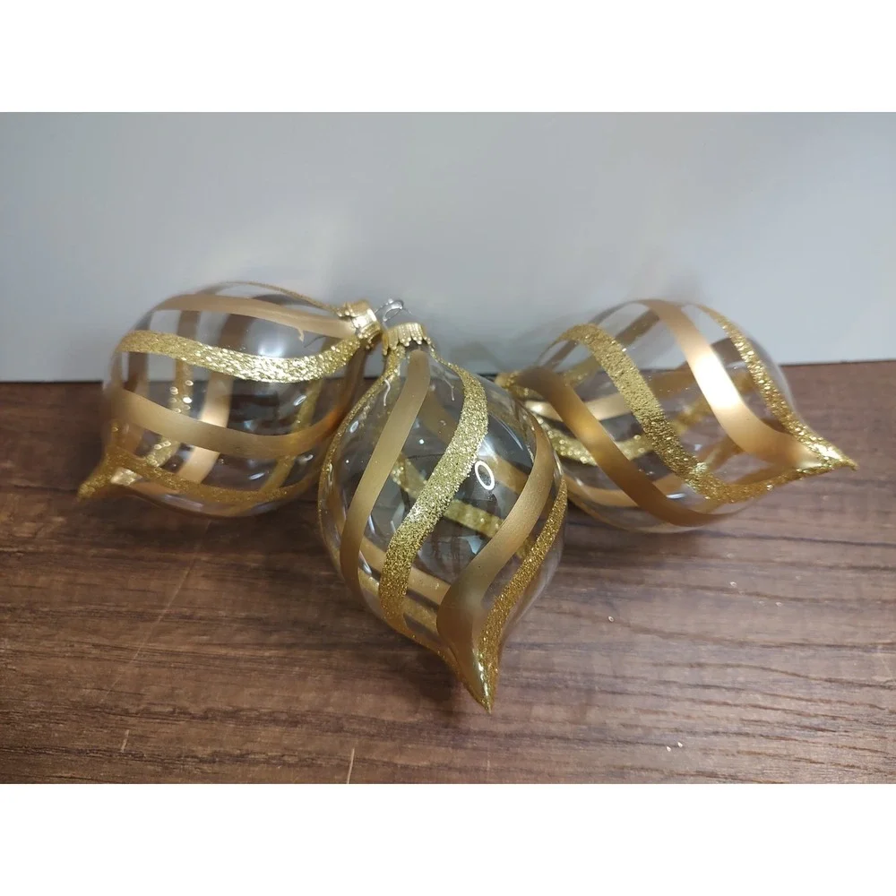 3 Vtg Krebs TEARDROP Glass Christmas Tree Ornaments Gold Glitter Satin Clear A12